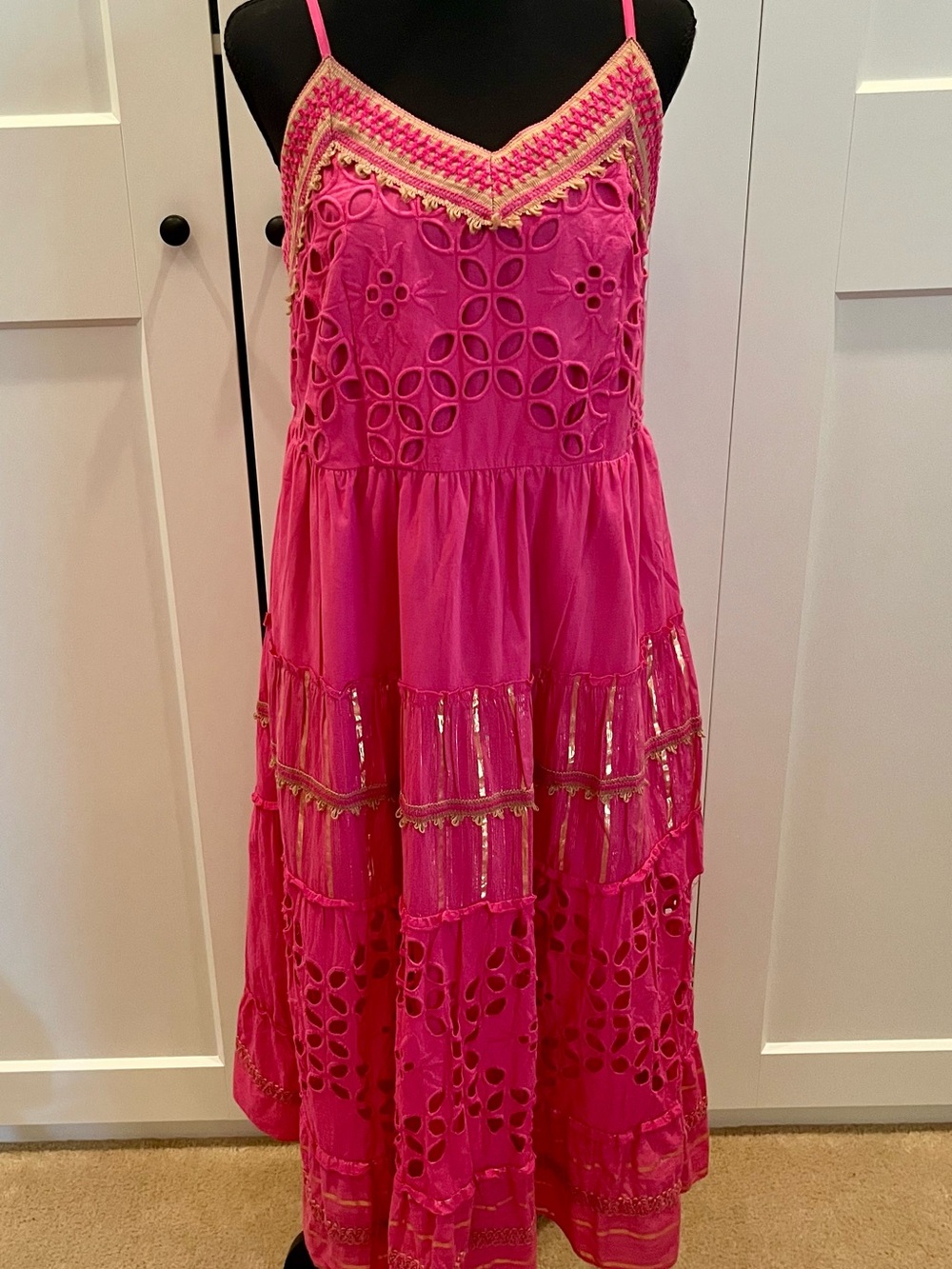 Farmer’s Market Pink Dress, Gold Accents, Spaghetti Straps Bohemian Fairycore L